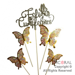 CAKE TOPPER FELIZ CUMPLEA�OS PLATA CON MARIPOSAS CON STAMPING MULTICOLOR X 1
